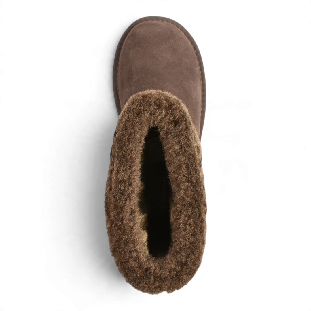 ada-shoes.ro Anna Viotti chocolate brown suede winter boots with plush faux fur lining, top-down view