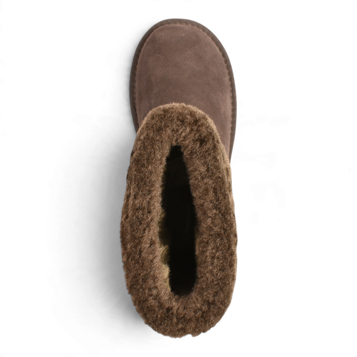 ada-shoes.ro Anna Viotti chocolate brown suede winter boots with plush faux fur lining, top-down view
