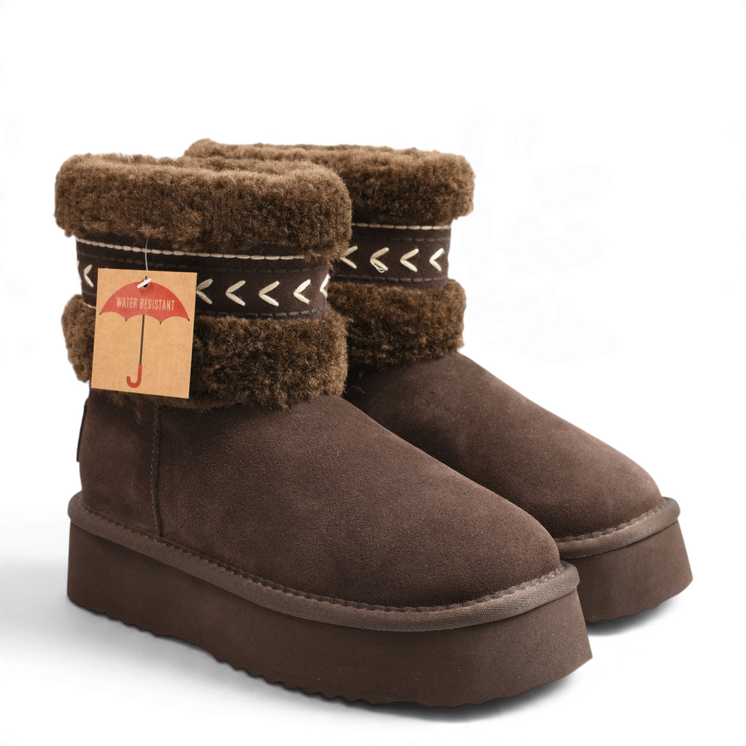 ada-shoes.ro Anna Viotti chocolate brown suede winter boots with faux fur collar, platform sole, and boho embroidery