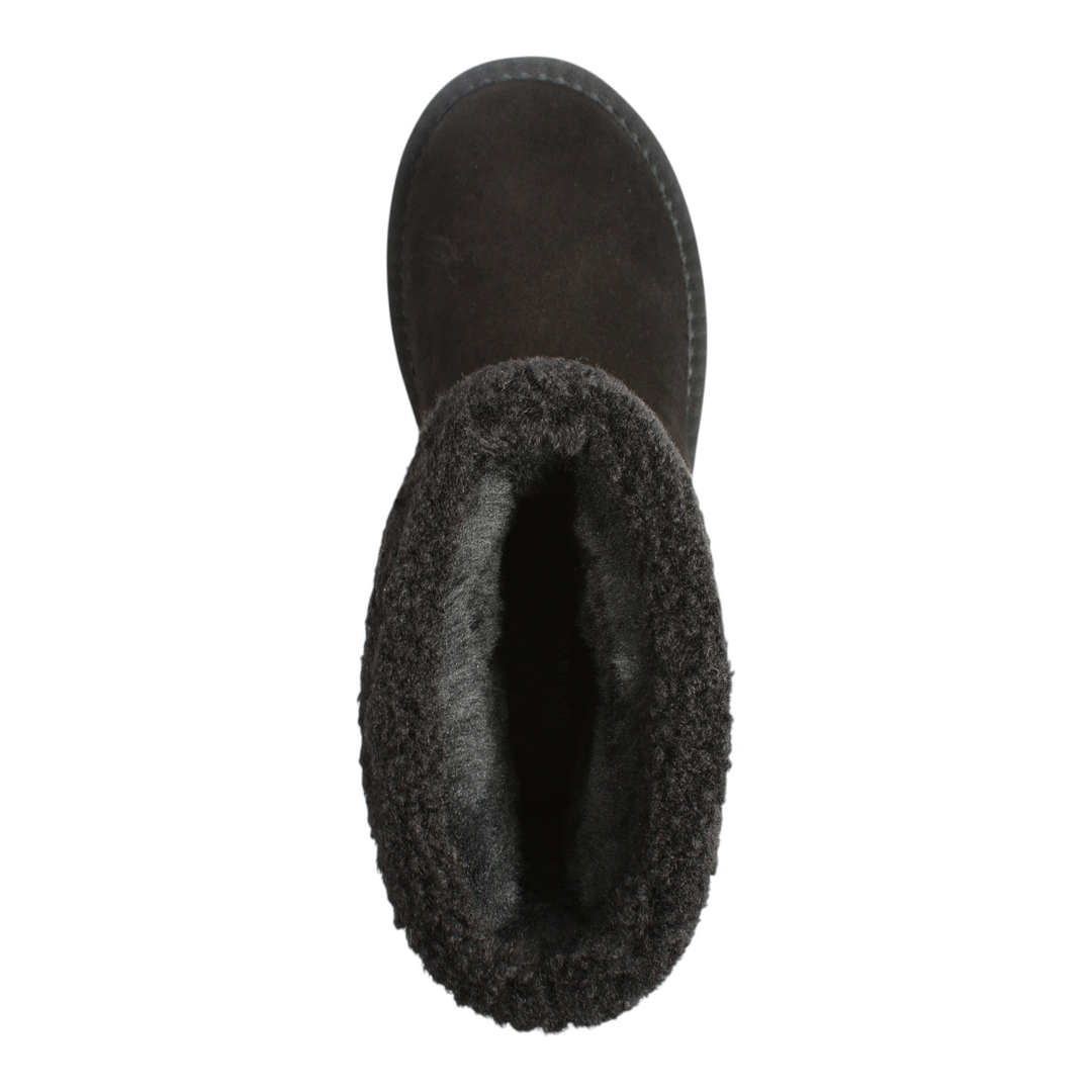Top view of black Anna Viotti suede winter boots with plush faux fur lining and water-resistant finish