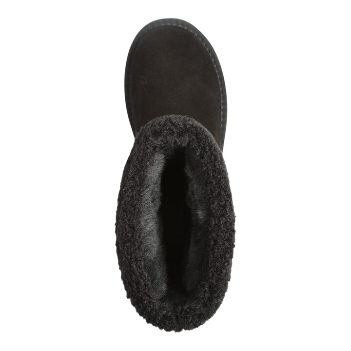 Top view of black Anna Viotti suede winter boots with plush faux fur lining and water-resistant finish