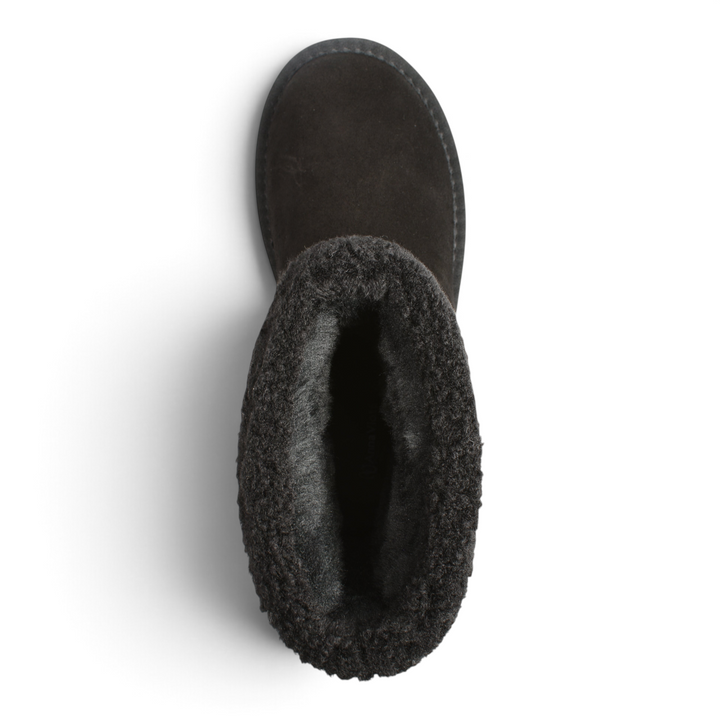 Top view of black Anna Viotti suede winter boots with plush faux fur lining and water-resistant finish