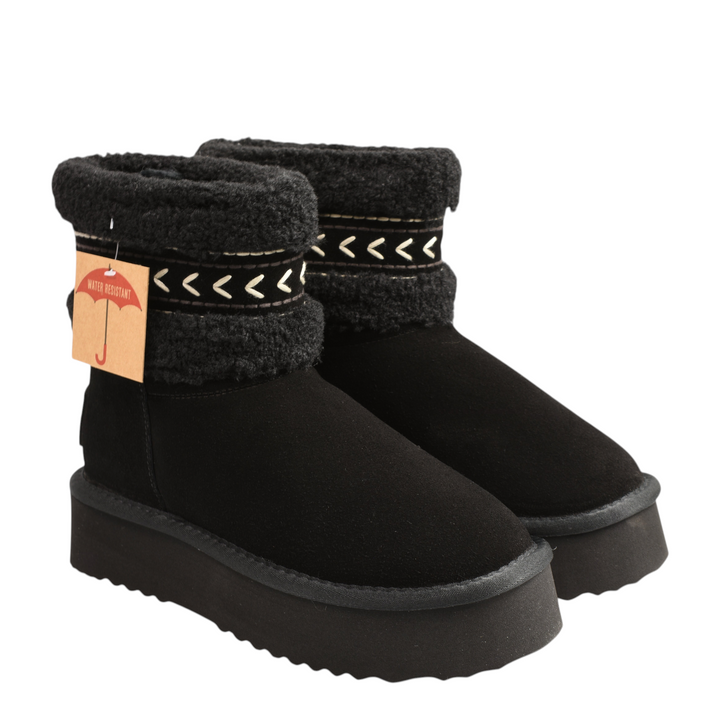 ada-shoes.ro Anna Viotti black water-resistant suede winter boots with faux fur trim and boho embroidered details