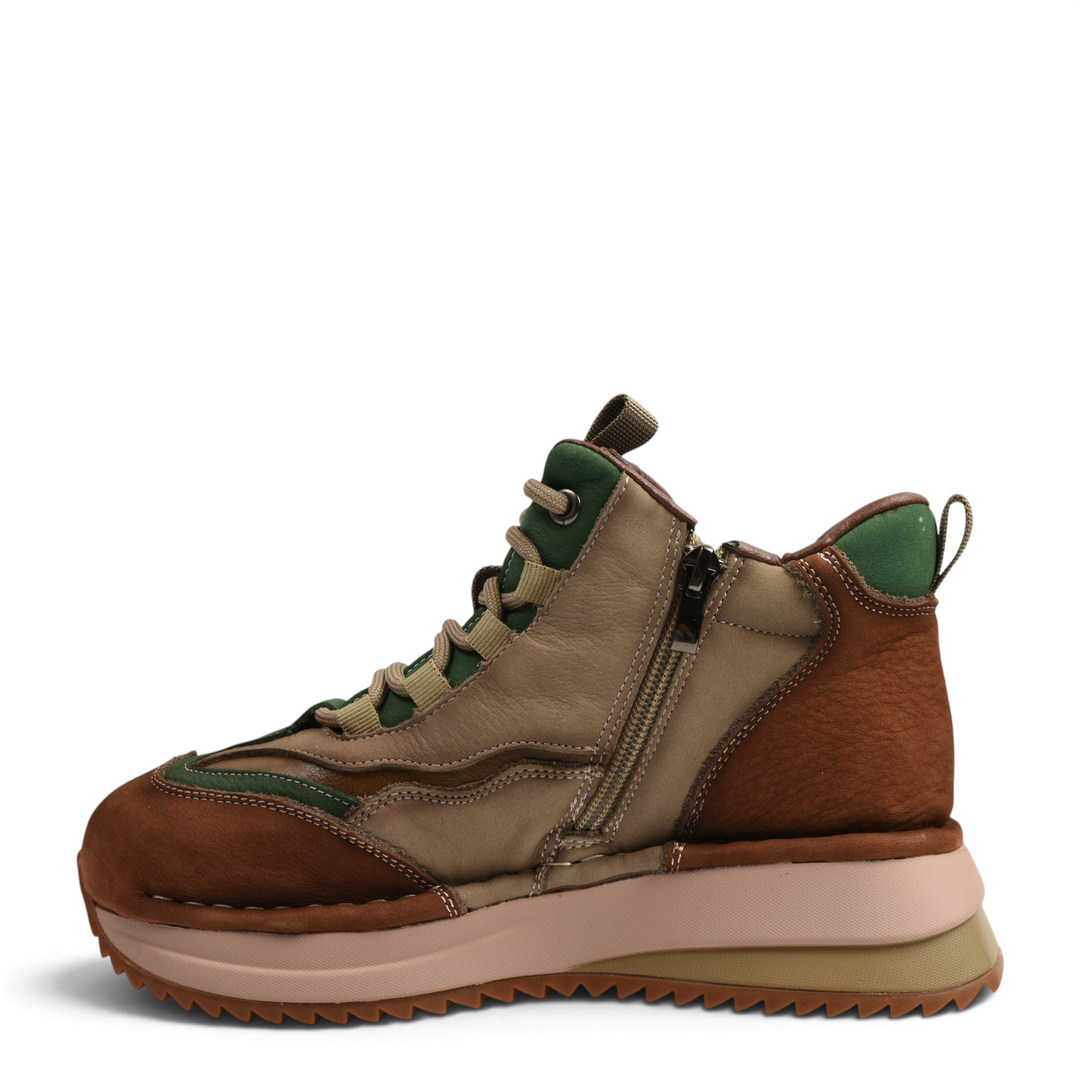 ada-shoes.ro multicolor nubuck leather boots with thick platform sole, side zipper, and green, brown, and beige panels