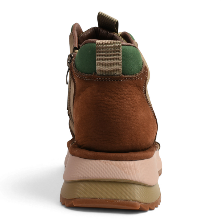 Back view of ada-shoes.ro 66H-V multicolor nubuck leather boots with a thick platform sole and green heel tab.
