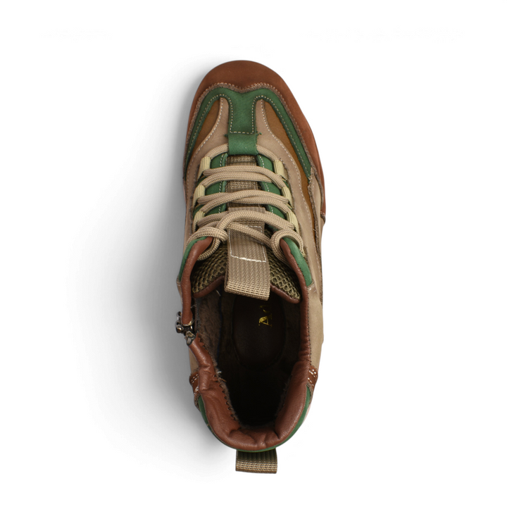 Top view of Ada Shoes 66H-V casual-sport boots in green, brown, and beige nubuck leather with a thick lug sole.
