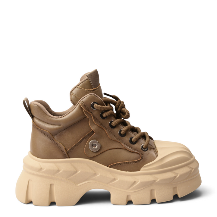 ada-shoes.ro khaki leather chunky sneaker boots with beige platform sole and metallic side detail