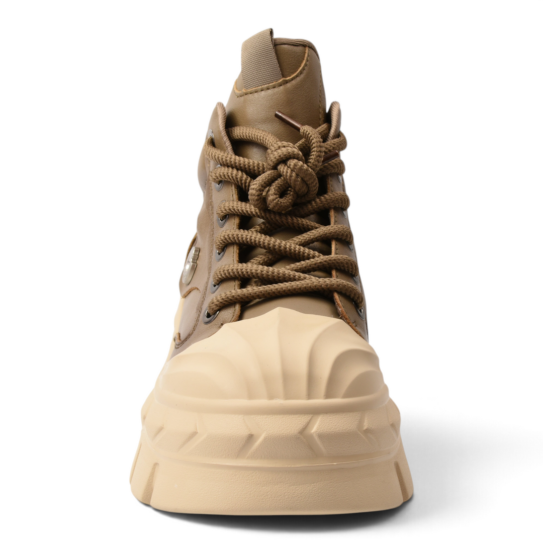 ada-shoes.ro khaki leather chunky sneaker-boots with beige platform sole and thick laces, front view