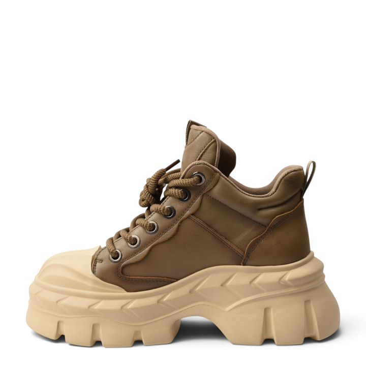 ada-shoes.ro khaki leather chunky sneaker-boots with a beige platform sole and thick laces for a modern urban look