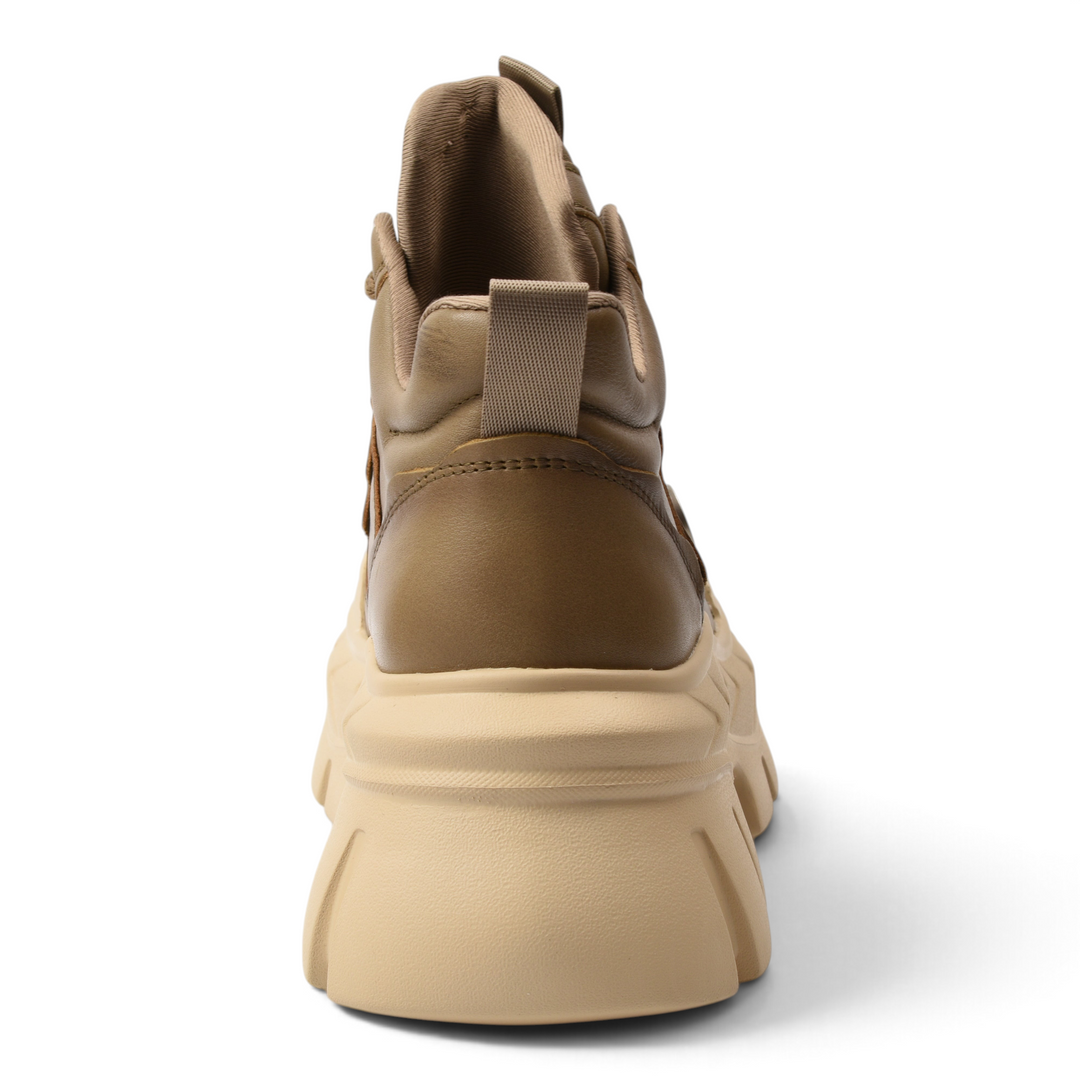 ada-shoes.ro khaki leather chunky sneaker-boots with beige platform sole, rear view showing heel tab and padded collar