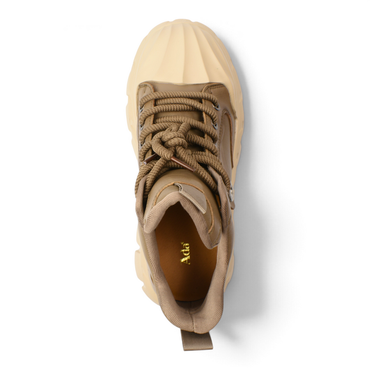 ada-shoes.ro khaki leather chunky sneaker-boots with beige platform sole and thick laces, top-down view