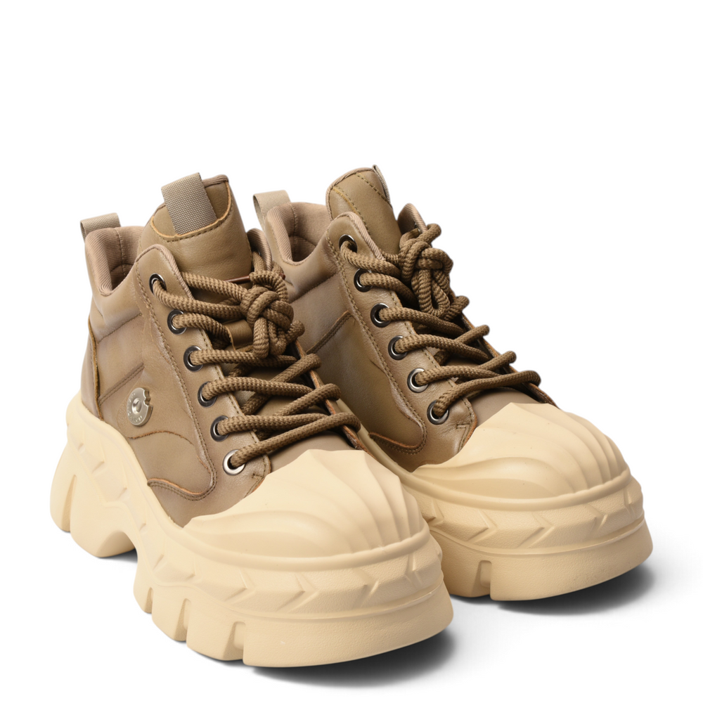 ada-shoes.ro khaki leather chunky sneaker-boots with beige platform soles and thick laces for women