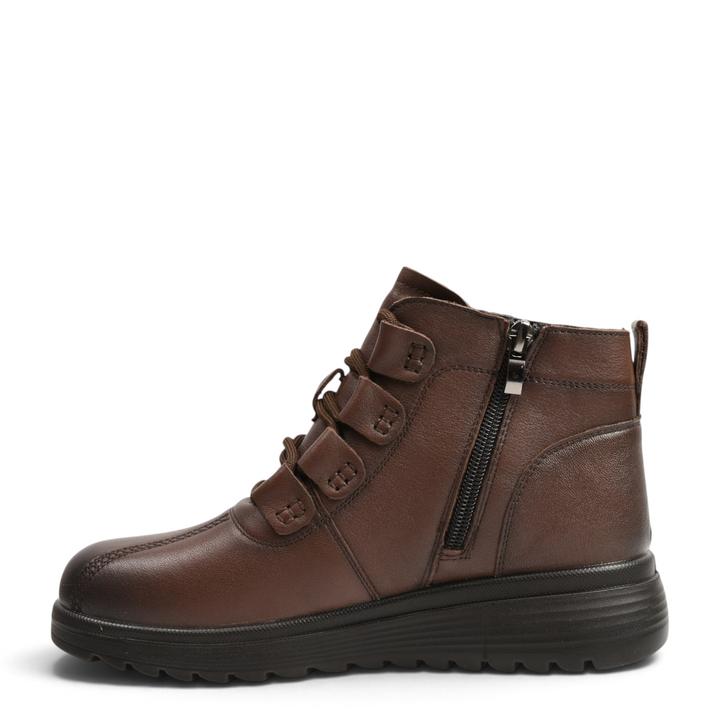ada-shoes.ro brown leather ankle boots with elastic laces, side zipper, and thick, flexible black sole.