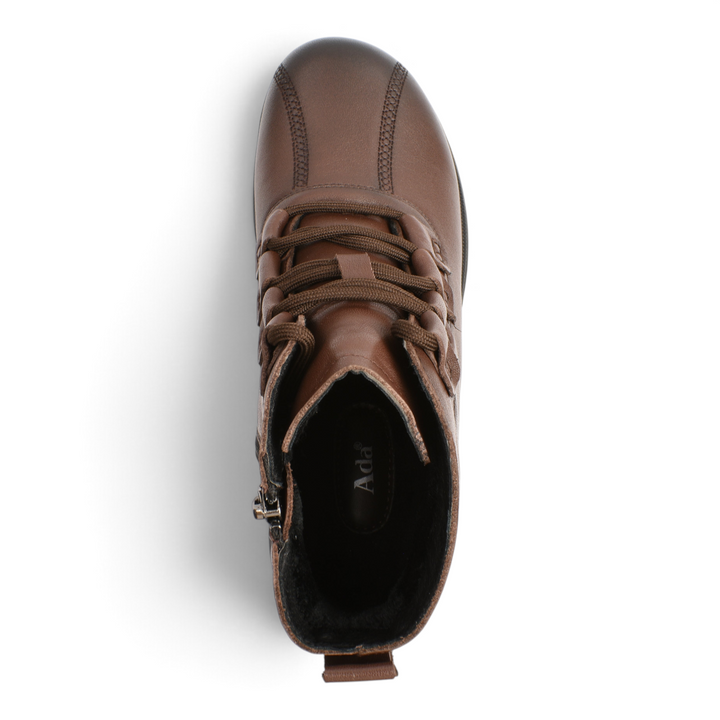 Top view of brown leather Ada Shoes M8607-M ankle boots with elastic laces, side zipper, and thick foam sole.