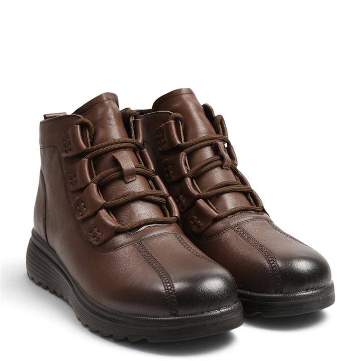 ada-shoes.ro dark brown leather ankle boots with elastic laces, side zipper, and thick, flexible foam sole.