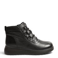 ada-shoes.ro black leather ankle boots with elastic laces, side zipper, and thick flexible foam sole for women