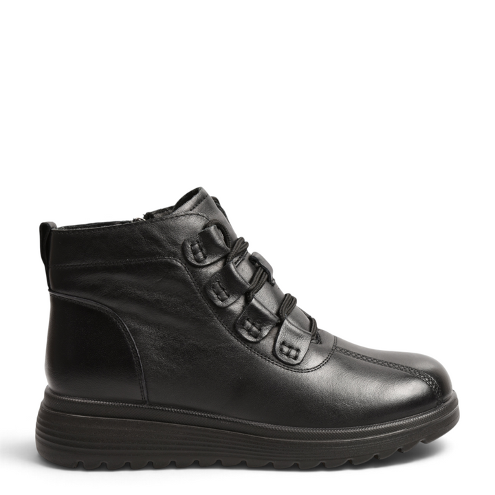 ada-shoes.ro black leather ankle boots with elastic laces, side zipper, and thick flexible foam sole for women
