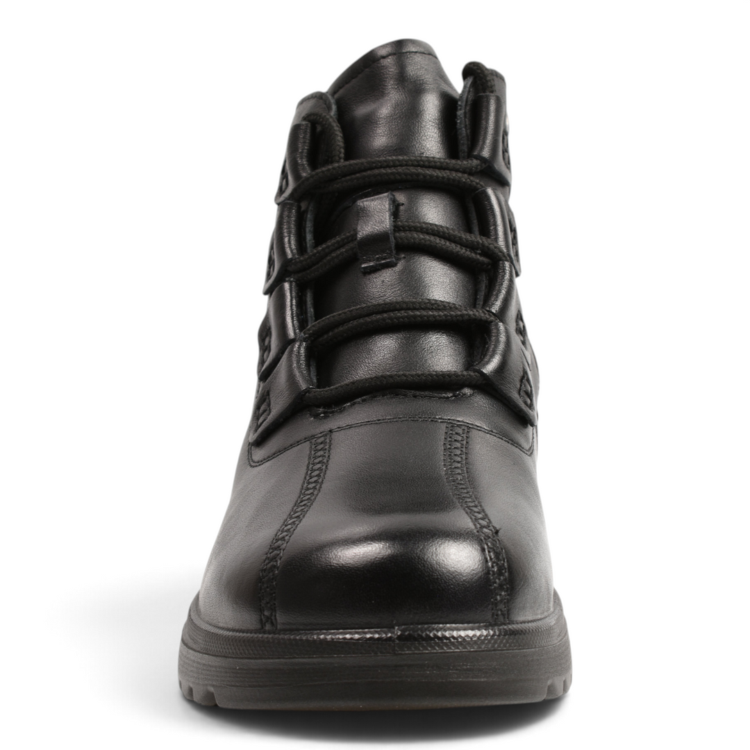 ada-shoes.ro black smooth leather ankle boots with elastic laces, side zipper, and thick flexible foam sole