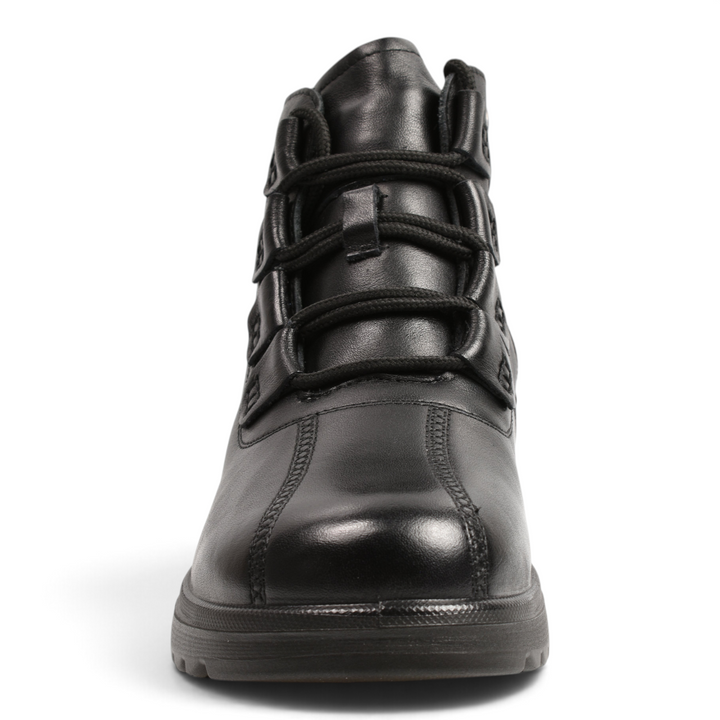 ada-shoes.ro black smooth leather ankle boots with elastic laces, side zipper, and thick flexible foam sole