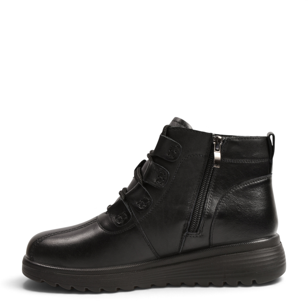 ada-shoes.ro black leather ankle boots with elastic laces, side zipper, and thick flexible platform sole