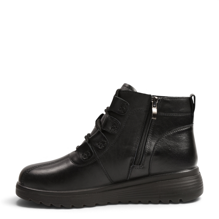 ada-shoes.ro black leather ankle boots with elastic laces, side zipper, and thick flexible platform sole
