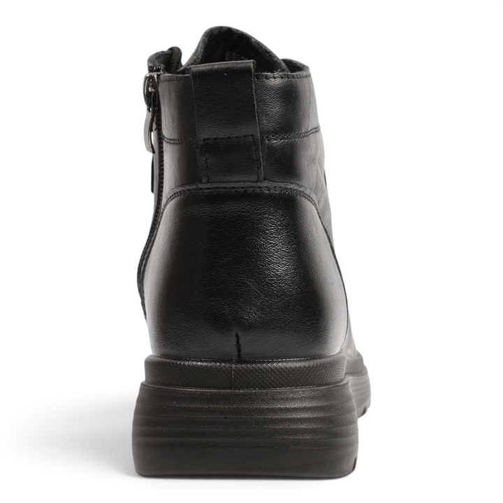 Back view of ada-shoes.ro black leather ankle boots with a thick, flexible sole and a convenient pull tab.