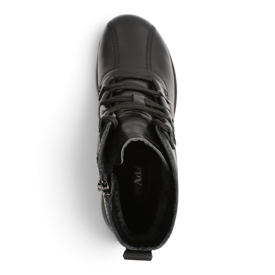 Top view of black leather ada-shoes.ro ankle boots with elastic laces, side zipper, and thick foam sole.