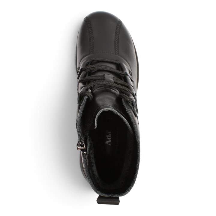 Top view of black leather ada-shoes.ro ankle boots with elastic laces, side zipper, and thick foam sole.