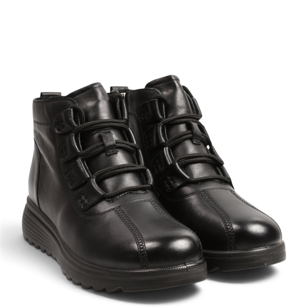 ada-shoes.ro black leather ankle boots with elastic laces, side zipper, and thick foam sole for women