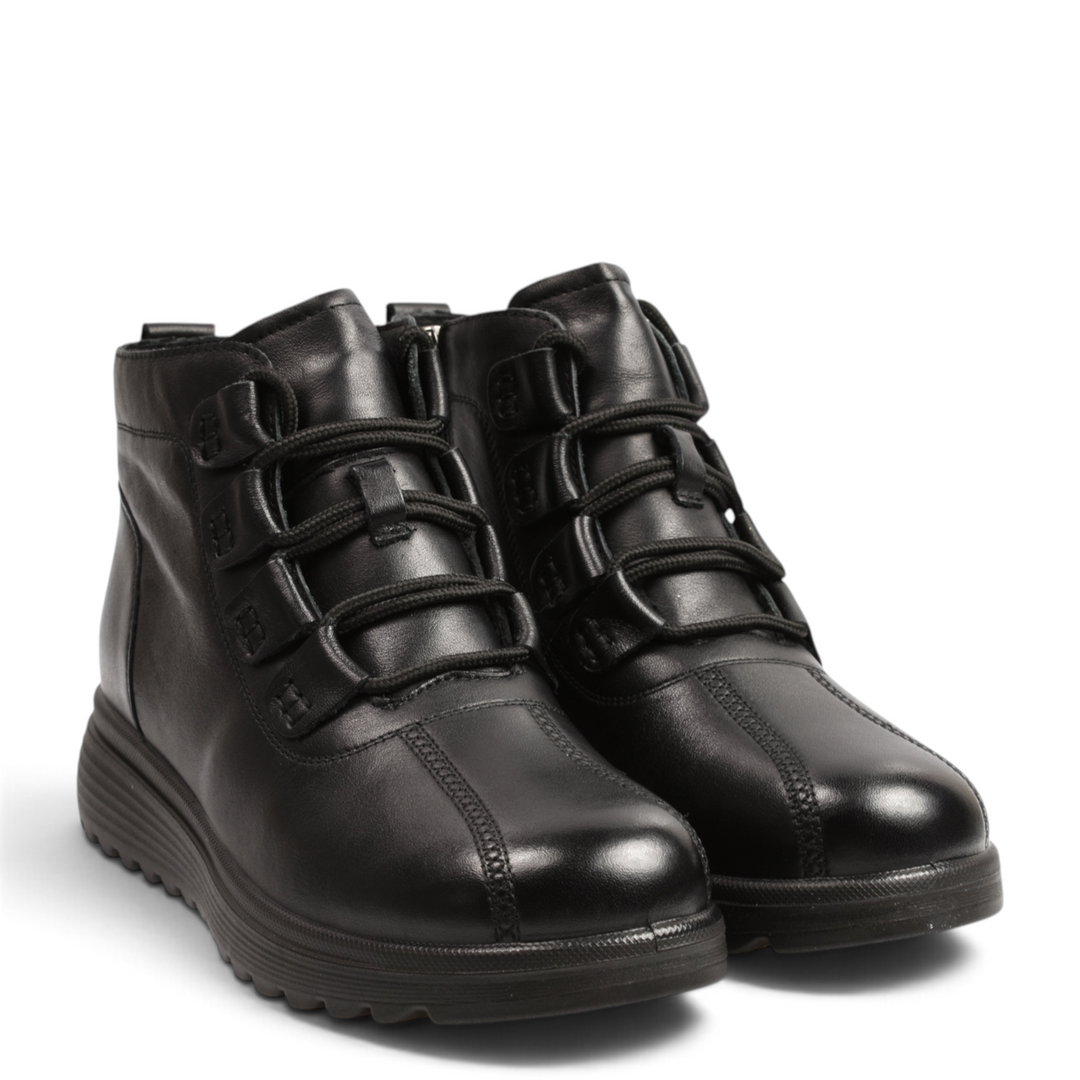 ada-shoes.ro black leather ankle boots with elastic laces, side zipper, and thick foam sole for women