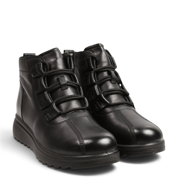ada-shoes.ro black leather ankle boots with elastic laces, side zipper, and thick foam sole for women