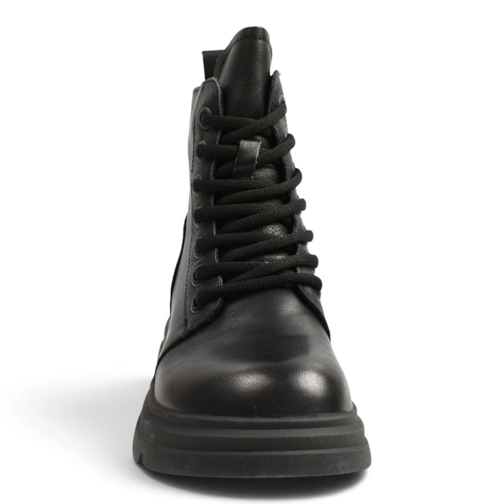 ada-shoes.ro black leather combat boots with thick lug soles and front lacing for a modern urban style