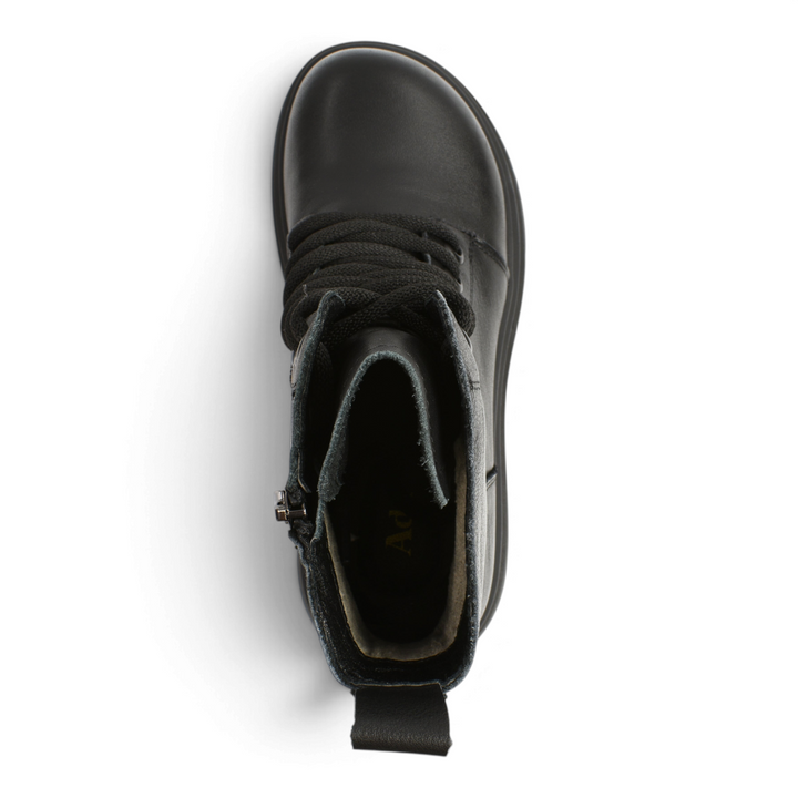 Top view of black leather Ada Shoes 8657-N combat boots with laces and thick lug sole on a white surface.