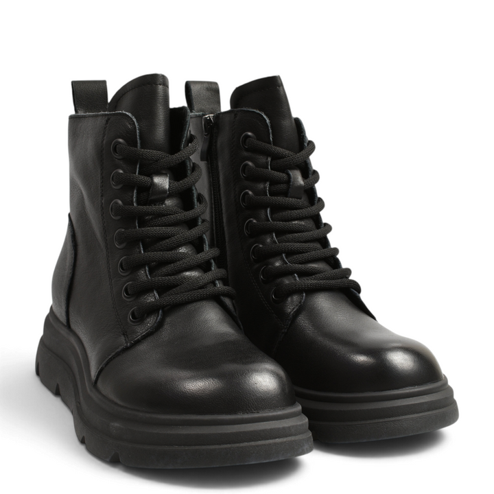 ada-shoes.ro black leather combat boots with thick lug soles, front laces, and side zippers for women
