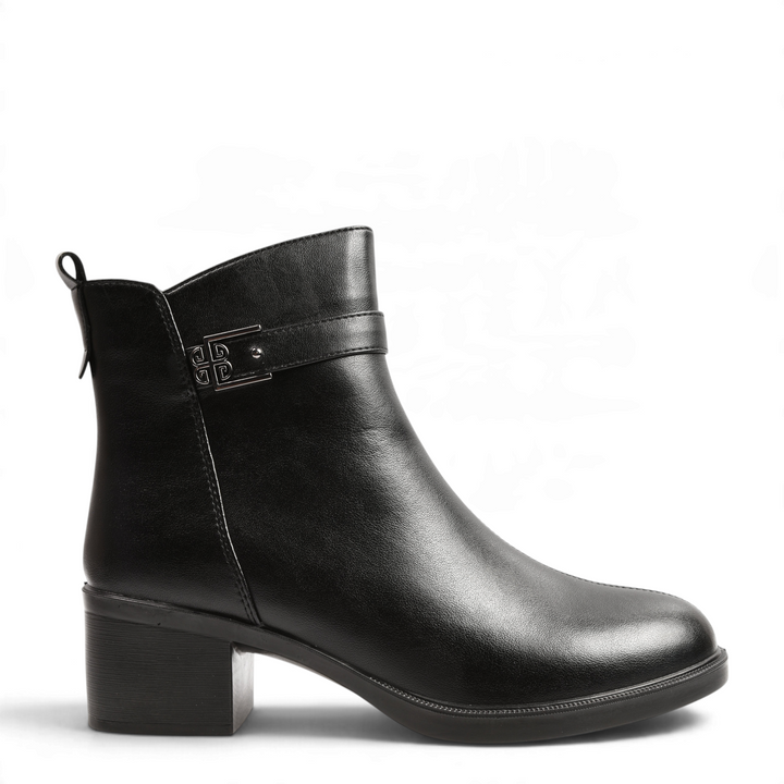 ada-shoes.ro Anna Viotti black leather ankle boots with a decorative metal buckle and a stable block heel.