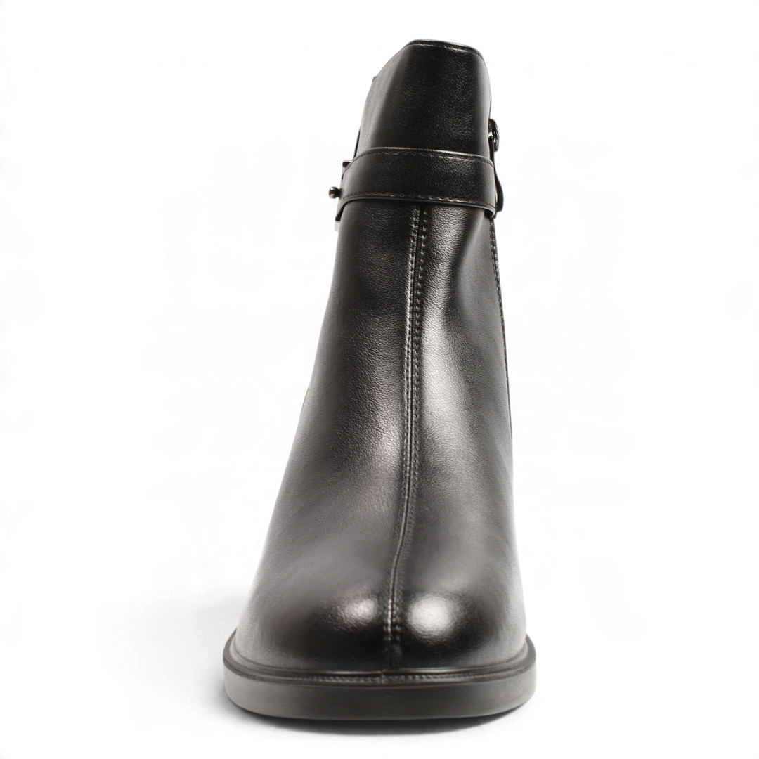 ada-shoes.ro Anna Viotti black leather ankle boots with a decorative buckle strap and mid-height block heel