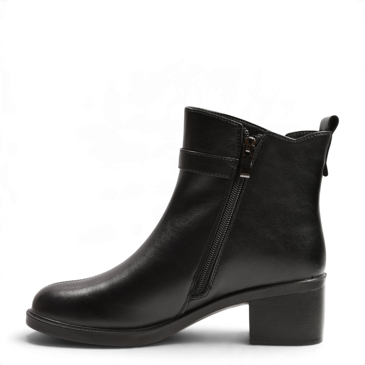 Anna Viotti black leather ankle boots with a mid-height block heel, side zipper, and decorative buckle from ada-shoes.ro