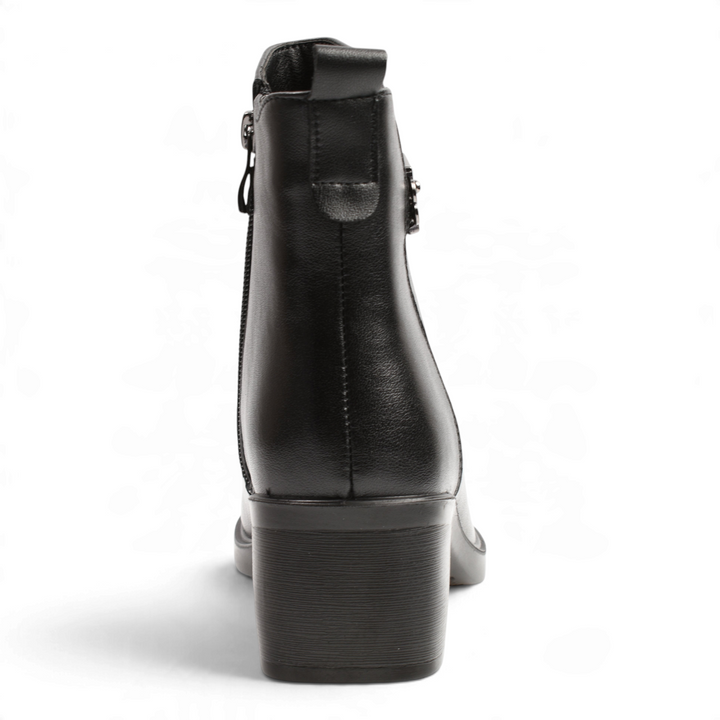 Back view of black leather Anna Viotti ankle boots with a block heel and side zipper from ada-shoes.ro