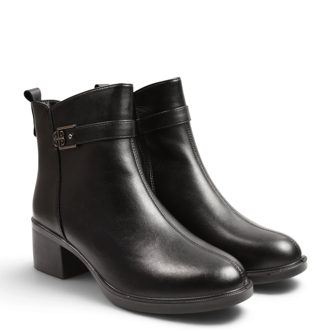 Anna Viotti black leather ankle boots with a decorative metal buckle and stable block heel from ada-shoes.ro