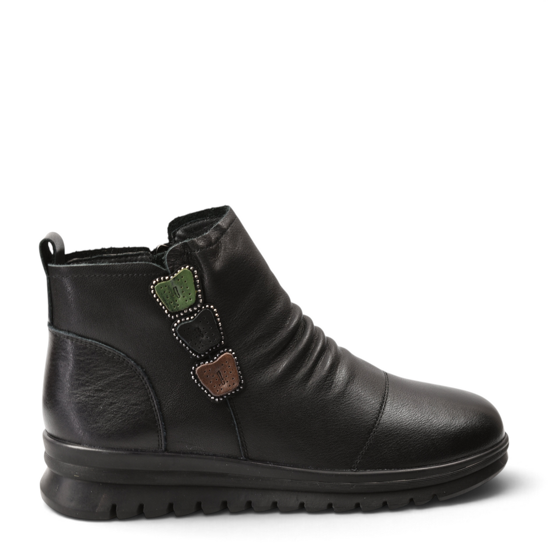 ada-shoes.ro black leather ankle boots with decorative side accents, front pleats, and a flexible non-slip sole.