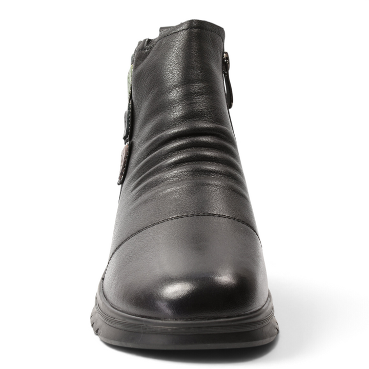 ada-shoes.ro Feeling black leather ankle boots with decorative side pleats and a comfortable low sole