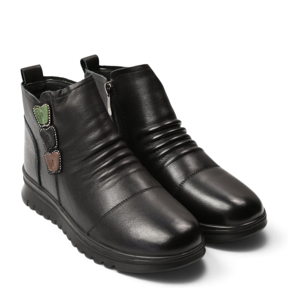 ada-shoes.ro black leather ankle boots with decorative side accents, front pleats, and a flexible non-slip sole.