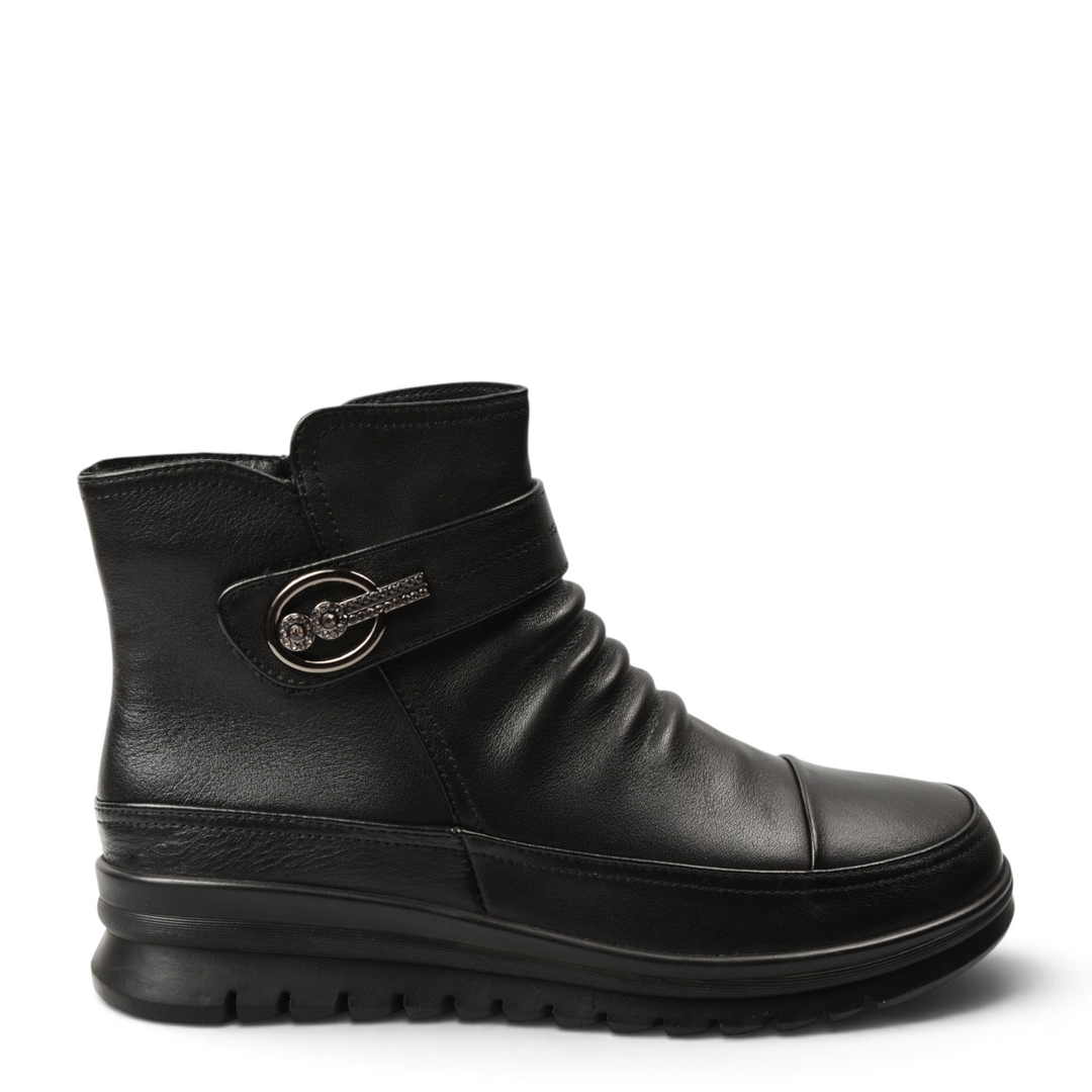 ada-shoes.ro black leather ankle boots with decorative side buckle, pleated front, and thick anti-slip sole