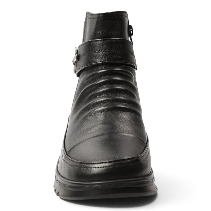 ada-shoes.ro black leather ankle boots with front pleats and decorative buckle strap on a white background