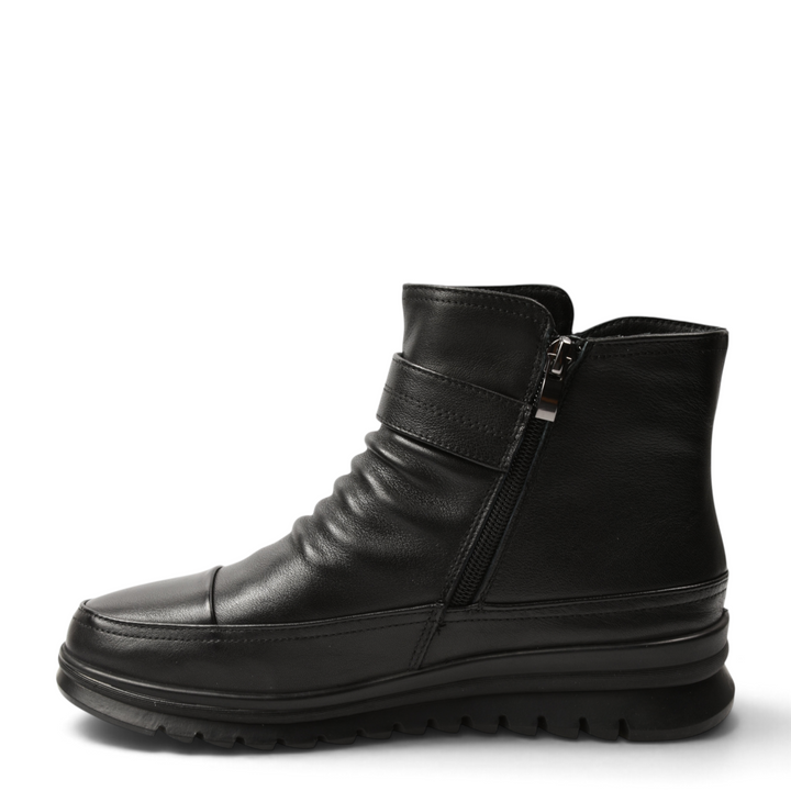 ada-shoes.ro black leather ankle boots with side zipper, decorative buckle strap, and comfortable ridged sole