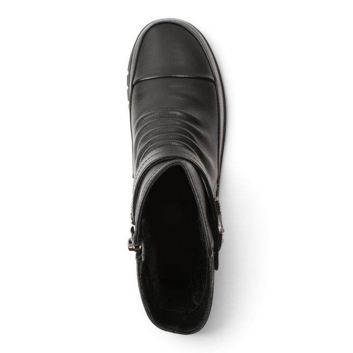 Top view of black leather ada-shoes.ro ankle boots with front pleats, side buckle, and zip closure.