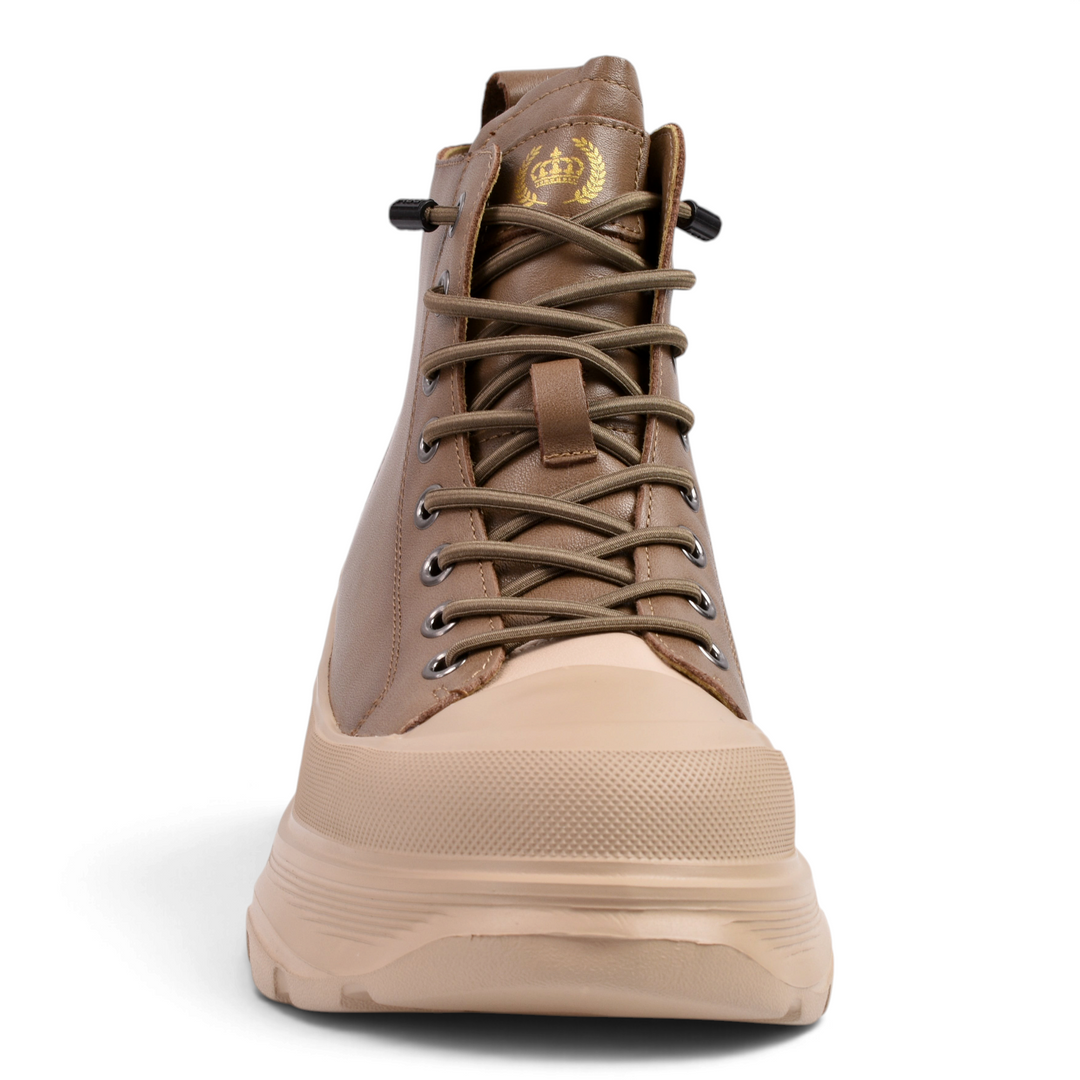 ada-shoes.ro chunky khaki leather boots with beige platform sole and lace-up front for women