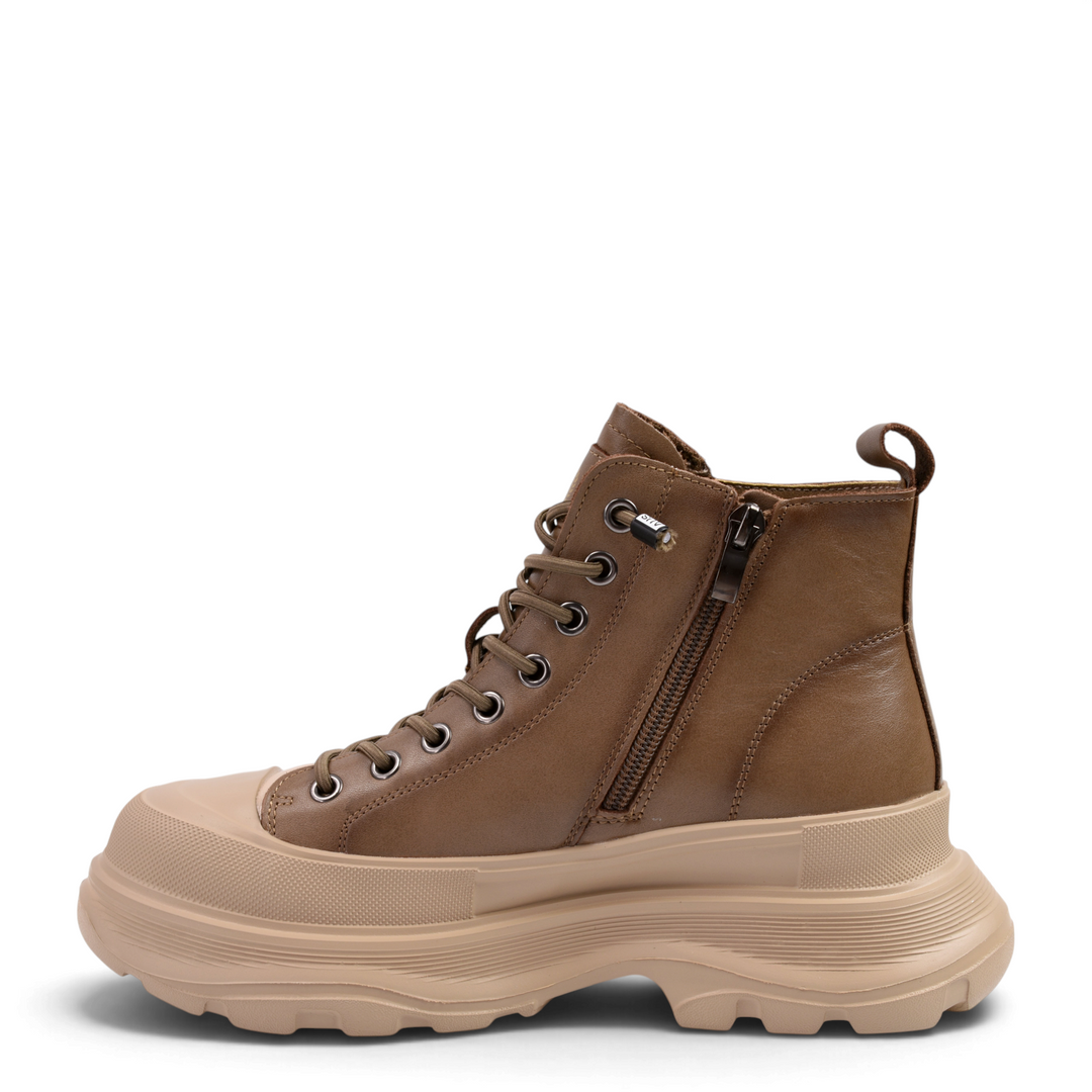 ada-shoes.ro khaki leather chunky boots with beige platform sole, side zipper, and protective rubber toe cap.