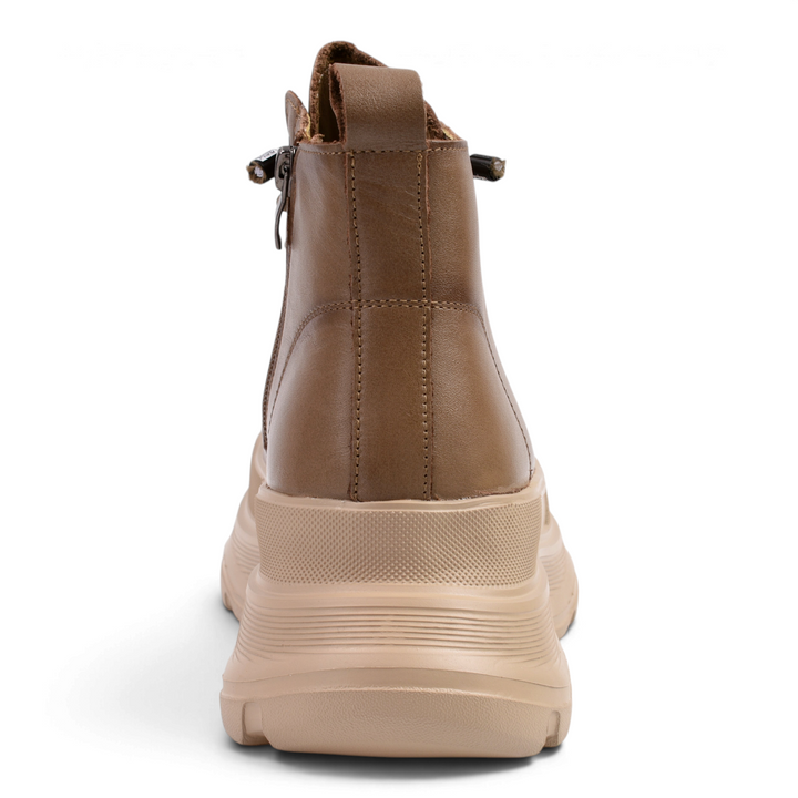 Back view of ada-shoes.ro khaki leather chunky boots with a thick beige sole and heel pull tab