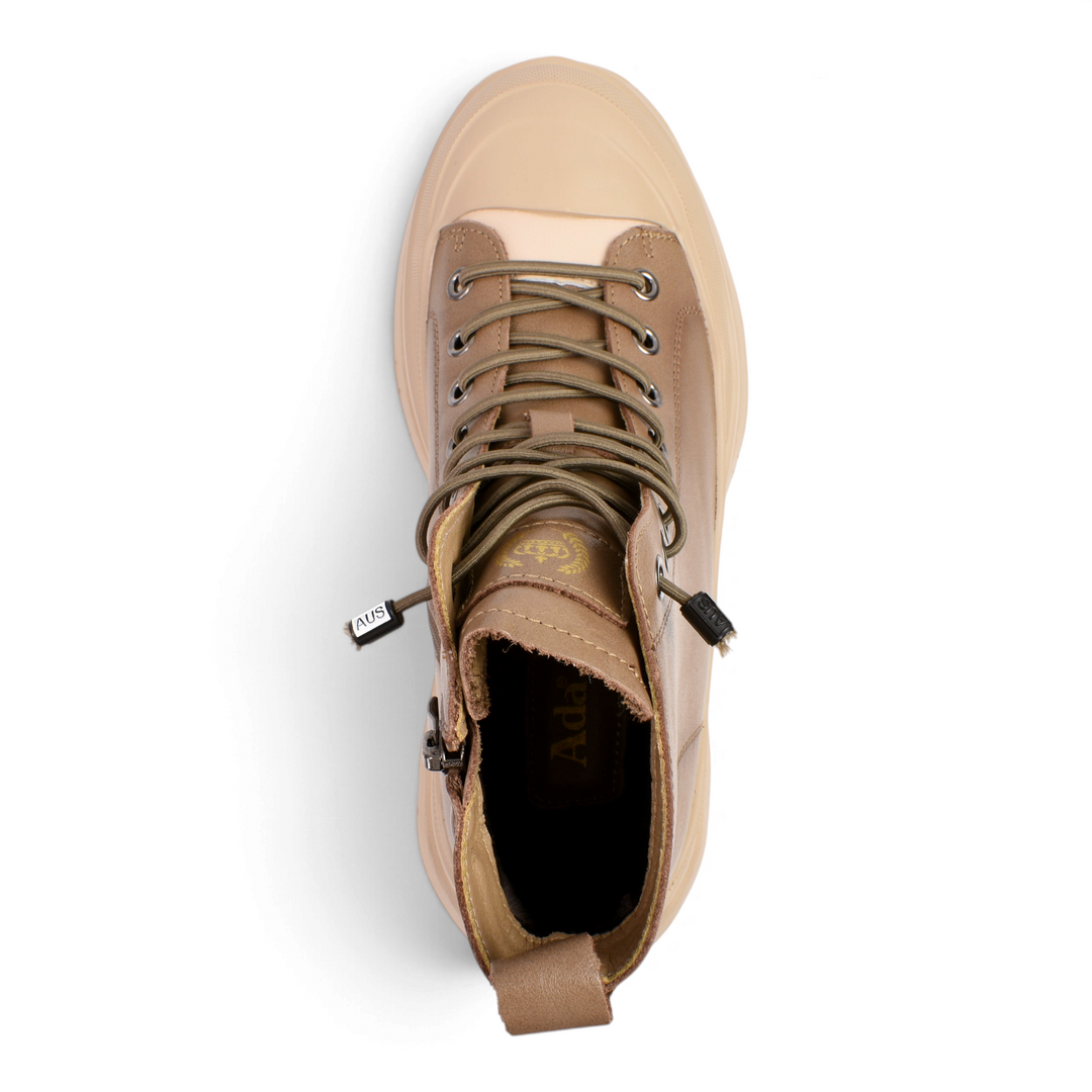 ada-shoes.ro khaki leather chunky ankle boots with beige rubber toe cap and lace-up closure, top view